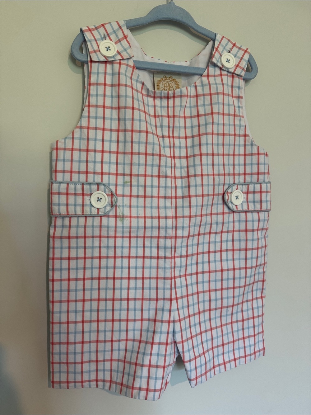 The Beaufort Bonnet Co Toddler Plaid Shortall Romper - Red & Blue 2T